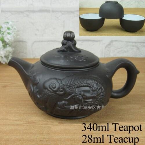 Authentic 4 Pcs Kung Fu Tea Set [1 Teapot + 3 Cups] 340ml Dragon Kettle Infuser Yixing Teapots Handmade Zisha Ceramic Porcelain
