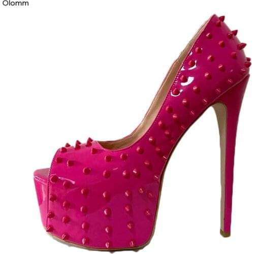 Olomm Women Platform Shiny Pumps Sexy Studded Stiletto Heels Peep Toe Gorgeous 5 Colors Night Club Shoes Women Plus US Size 5-20