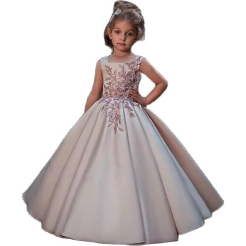 Girls Flower Emboridery Puffy Girl Party Dress Kids Simple Aline Communion Dress 2020 Elegant Backless Flower Girl Dresses