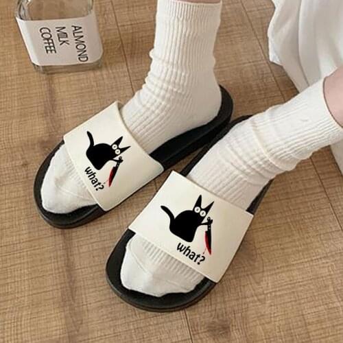 Summer Women Shoes Slippers Sandals Fun Cute Black cat cartoon print Comfort Casual Harajuku Female indoor Slippers mujer