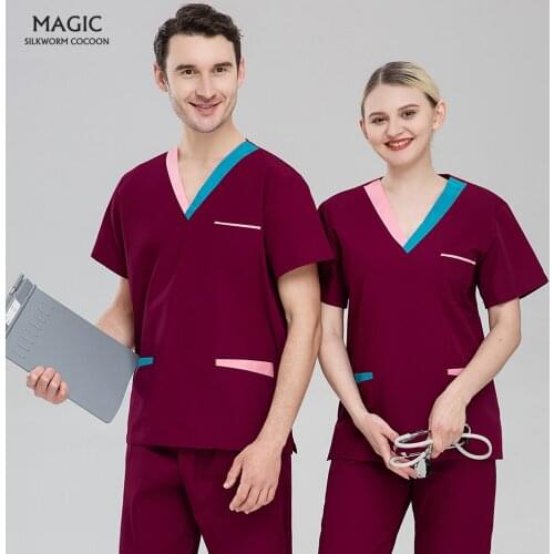 Unisex Short Sleeved Women Men Clothes Hospital Nurse V-neck Pocket Pet Clinic Doctor Nursing Scrubs Sets Medical Scrubs Uniform