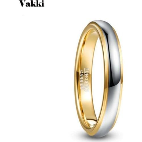 VAKKI 4mm Width Domed Polished Step Gold Color Plating Tungsten Steel Mens Ring Wedding Band Tungsten Carbide Ring