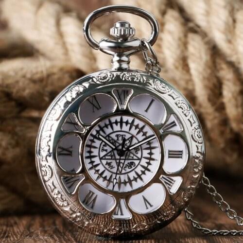 Vintage Hollow Pocket Watch Kuroshitsuji Black Magic Pattern Pendant Quartz Men Women Necklace Gift montre gousset