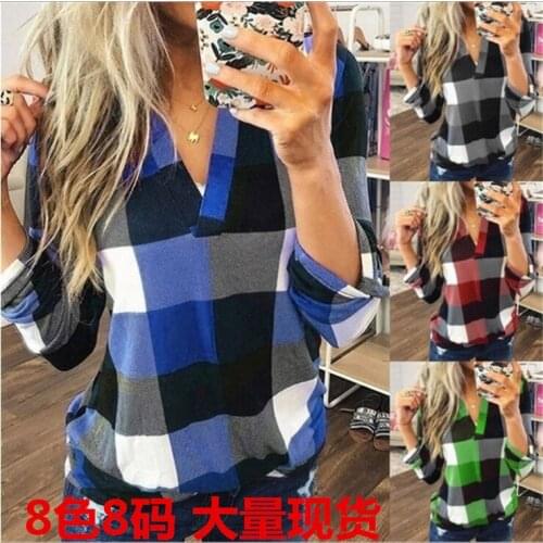 Summer T Shirt Women New Hit Period And The v-neck Shirt Grid Printing Sleeved Shirts T-shirt Female Tee Tshirts CHD1045