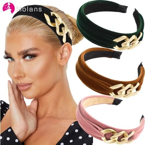 Molans Fashion Chain Headband for Women Wide Hairbands Velvet Ties Girls Solid Color Hair Hoop Bezel Headdress Hair Accessories