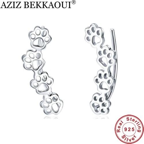 AZIZ BEKKAOUI Real 925 Sterling Silver Cute Paw Cat And Dog Footprints Stud Earrings for Women Top Quality Silver Jewelry