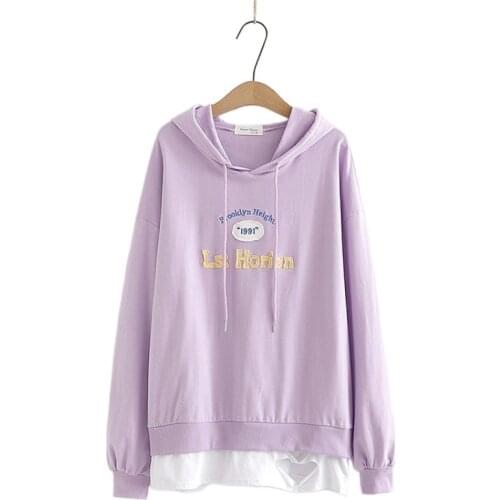 Women Hoodies Casual Letter Patch Loose Long Sleeve Harakuju Pullover Sweatshirts Fake Two Piece Korean Girl Tops 2113313