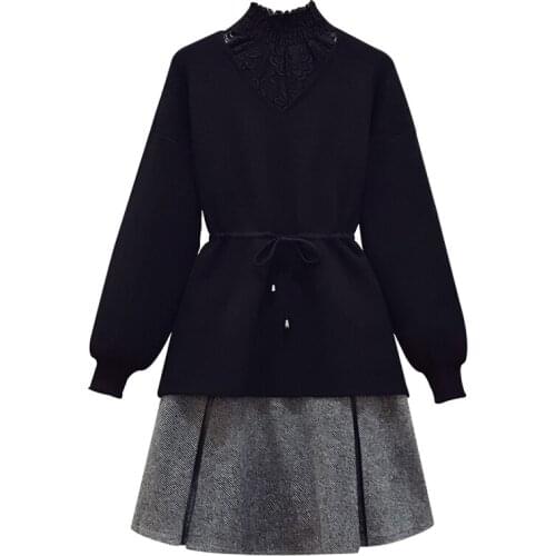 Dress Sets Women Black Gray Plus Size Lace Collar Elegant Knitted Lace up Top Lady Outfits 2 Piece Elastic Skirt Autumn Winter