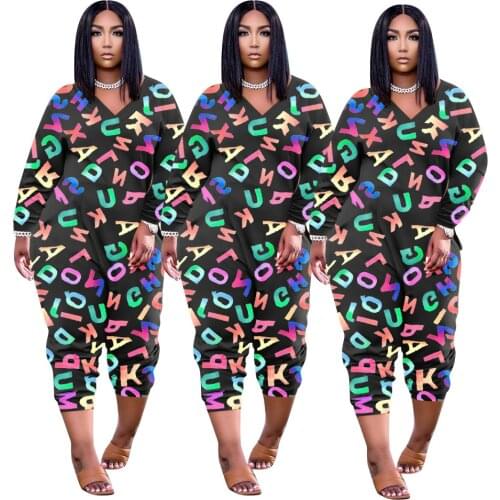 Colorful Letter Chic Boho Printed Jumpsuit Women Long Sleeve Rompers Vintage Boho Playsuit Birthday Outfits Plus Size 5XL 4XL
