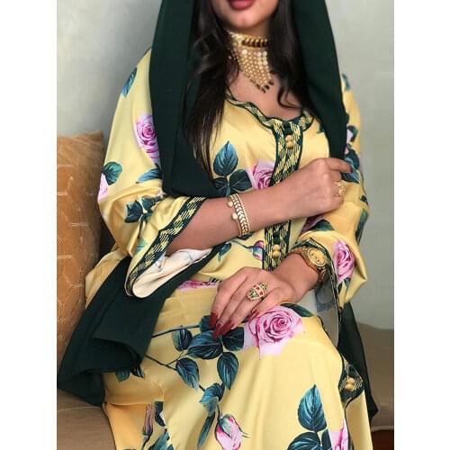 Dubai Jalabiya Dress Muslim Fashion Women Moroccan Caftan Turkey Arabic Ethnic Abaya Islamic Clothing Yellow Party Eid Ramadan