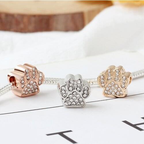 5PCS Three Colors Bead Alloy White Rhinestone Cute Bear Paw Bead Charm European Dog Paw Print Bead Fit Bracelet&Bangle
