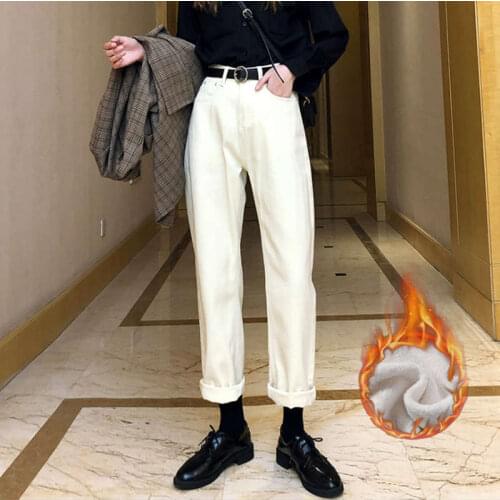 Apricot Thicken Autumn Winter Pants Women Loose High Waist Straight Plus Velvet Womens Jeans Casual Long Denim Jeans Woman C6896