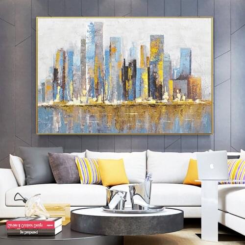 Abstract 100% Hand Painted Blue Building Oil Painting On Canvas Modern Decorative Wall Art For Bedroom Living Room Decoration