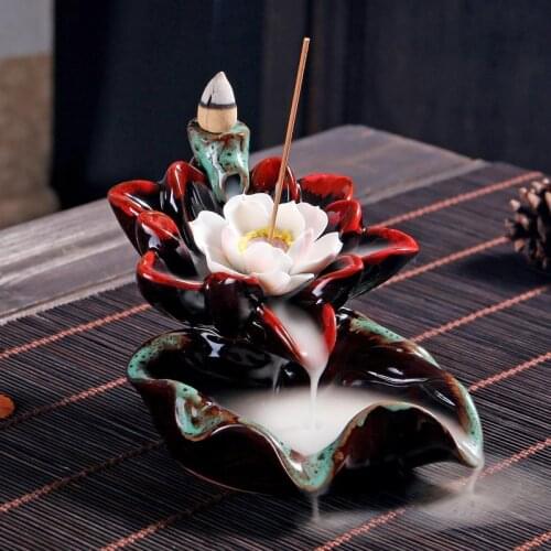 Buddhist Backflow Incense Burner Chinese Vintage Lotus Incense Stick Holder Flower Shape Ceramic Smoke Waterfall Censer Decor