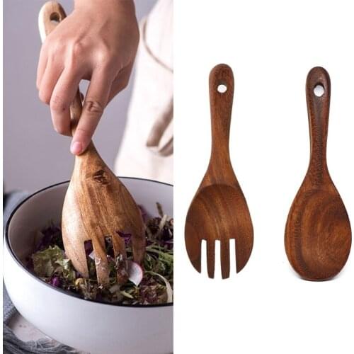 8.7 Inch Acacia Wooden Salad Servers Rice Spoon Fork with Long Handles Dinner Mixing Cooking Utensils Kitchen Cookware