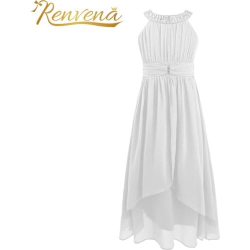 Kids Girls Rhinestone Beaded Chiffon Dress Flower Girls Dresses Wedding Party First Communion Costume Summer Girls Pleated Dress