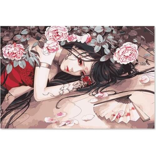 Diy digital oil painting by numbers drawing hand painted picture Wall Decor pic Chinese antique girl ink style peony flower