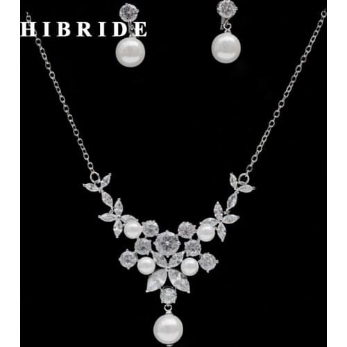 HIBRIDE Elegant Design Factory Price Cubic Zircon And Pearl Women Bridal Jewelry Set For Engagement Gifts Korean Trendy N-242