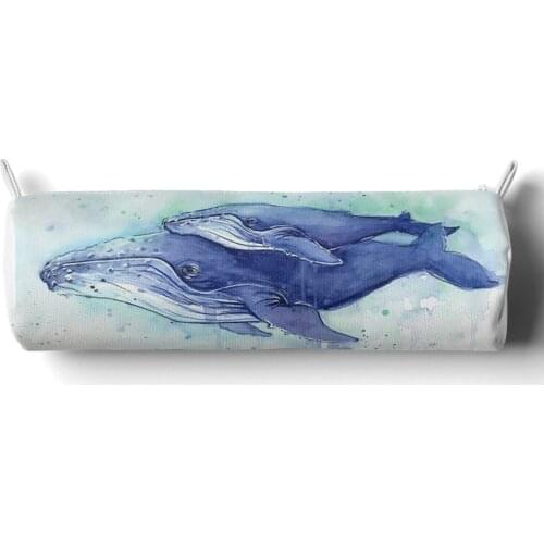 Whale Mother and Baby Pattern Students Zipper Pencil Bag Fabric Cotton Cute Kids Stationery Case Pouch Women Makeup Bag Holder