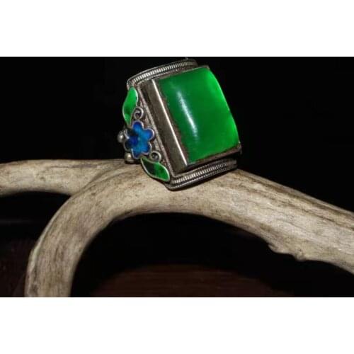 Collection Chinese old Tibetan silver cloisonne inlaid greenstone jade ring