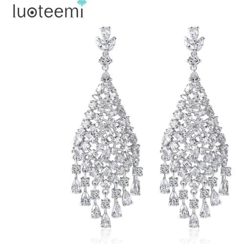 LUOTEEMI 2018 New Geometric Cubic Zirconia Paved Teardrop Tassel Dangle Earrings For Women Wedding Jewelry Gift Drop Earrings