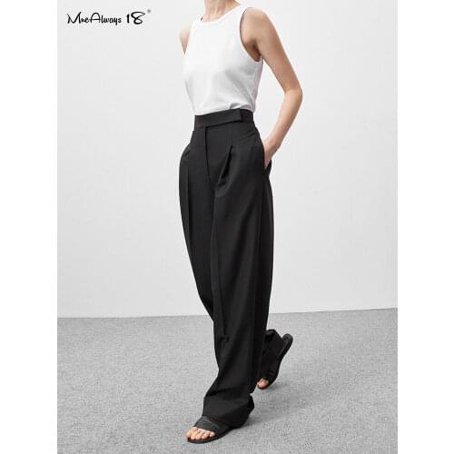 Mnealways 18 Spring Summer Black Ladies Office Trousers Women High Waist Pants Pockets Female Pleated Wide Leg Pants Solid 2021