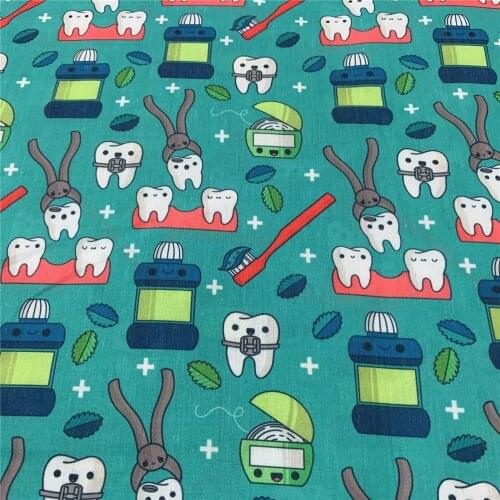 Cartoon Teeth Print Patchwork Print Polyester Cotton Fabric for Tissue Home Textile Sewing Dental Clinic Scrub Caps clothes