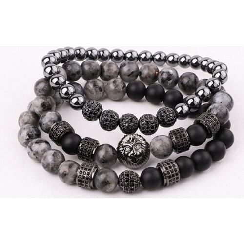 Fashion Men Bracelet Set Natural Stone Onyx Lion Head CZ Pave Ball Beaded Elastic Bracelet Set Jewelry Gift For Men