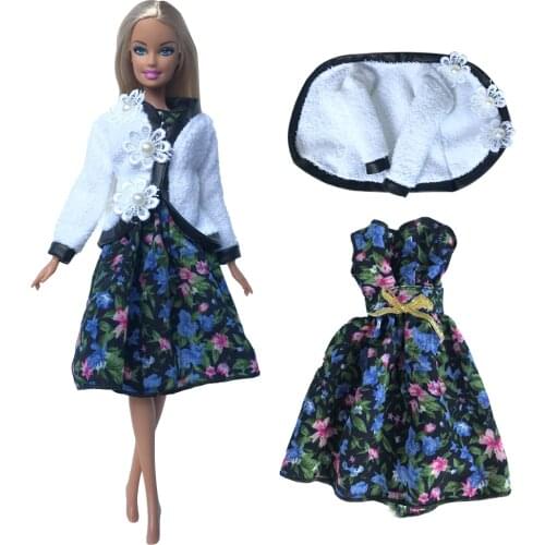 NK 1x Doll Dress White Shawl Coat +Fashion Print Dress Daily Casual Wear For Barbie Doll Accessories Girls Doll outfit 04G 5X