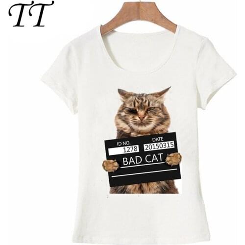 Brand+New 2021 fashion super cute Cool Punk T-shirt Top Tee Bad cat in the police prison funny design women T-Shirt
