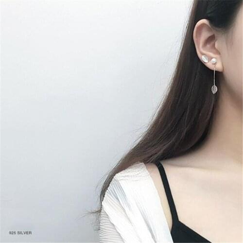 New Exquisite Leaf Pearl Ear Line Asymmetrical 925 Sterling Silver Jewelry Temperament Popular Stud Earrings SE172