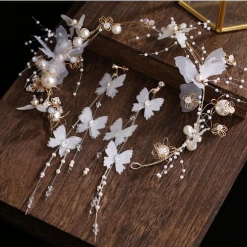 Girls Big White Butterfly Pageant Hair Accessories New Women Headband Hairband Fashion Metal Gold Hair Jewelry With Earrings Set