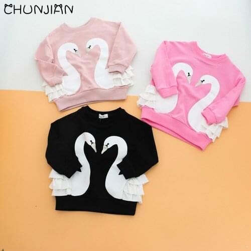 Girls Clothing 2021 New Autunm Children Clothing Lovely Swan Lace Design Sweatshirts
