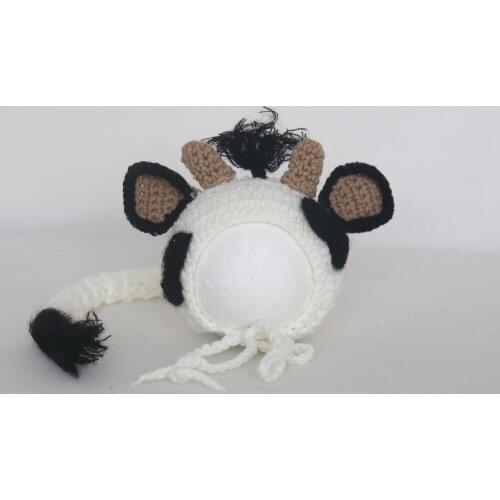 Photography Prop Animal Hat Crochet Long tail Cow Hat Knitted Bonnet Newborn Hat Photo Prop Lovely Animal Bonnet Baby Gift