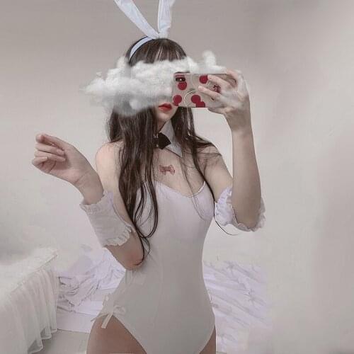 Sexy Cute Big Rabbit Ears White Role Playing Bunny Girl Costume Hot Exotic Lingerie Leather Bodysuit Cosplay Clubwear Sleepwear