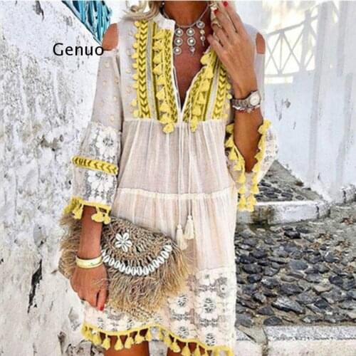 Casual Dress Women Sexy Hollow Out V-Neck Spring Summer Thin Sweet Female Fashion Large Size Loose Tassel Dress