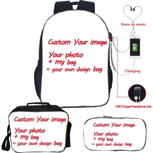 Drop shipping Customized Your image Custom pattern USB Charge Backpack Teens School bag 3pcs/set Backpack