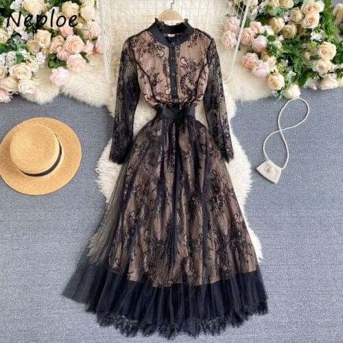Sexy Lace Patchwork Hook Flower Temperament Dress Women High Waist Hip A Line Slim Vestidos Stand Collar Long Sleeve Robe Spring