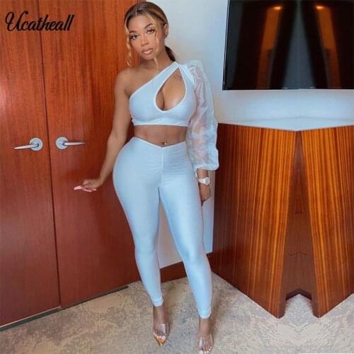 Mesh Bubble Sleeve Two Piece Set Top And Pants One Shoulder Tracksuit Hollow Out Ches Twomen Irregular Sexy Outfits