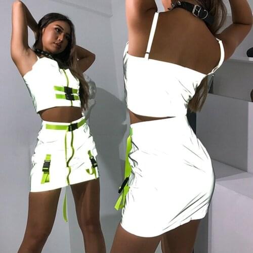 Reflective Zipper Buckle Crop Top Skirt Nightclub Bar DJ Female Singer Fashion Party Festival Clothing Jazz Dance Wear DWY4235