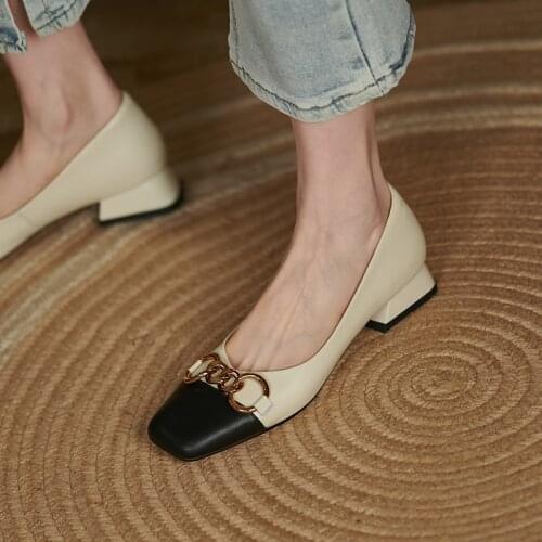 French retro small square toe color matching metal buckle pumps womens casual thick low heels