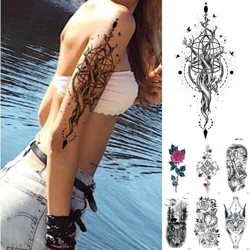 Waterproof Temporary Tattoo Sticker Lace Rose Flowers Lotus Flash Tattoos Wolf Body Art Arm Fake Sleeve Tatoo Women