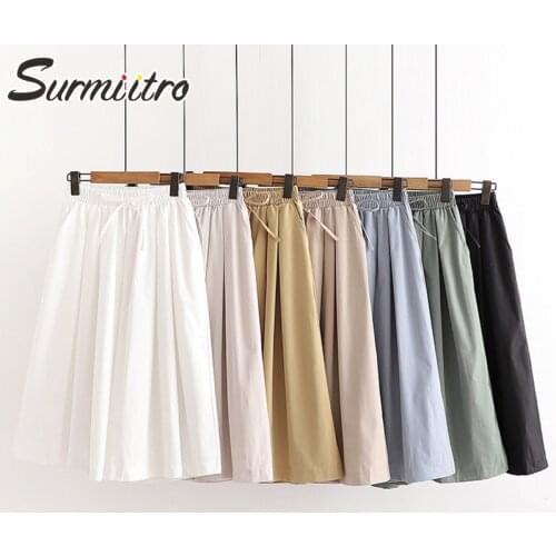 SURMIITRO Cotton Midi Wide Leg Cropped Skirt Pants Women 2021 Summer Korean Style Mid Length Female High Waist Trousers