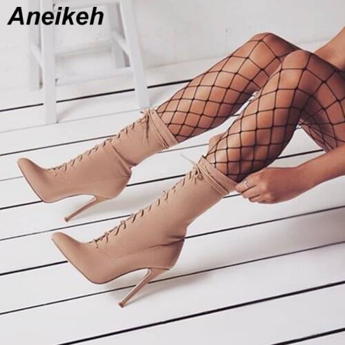 Aneikeh New Boots Women 2021 Autumn Fashion Ankle Pointed Toe Shoes Stretch Cross-Tied Lace-Up Stiletto High Heel Botas Mujer 42