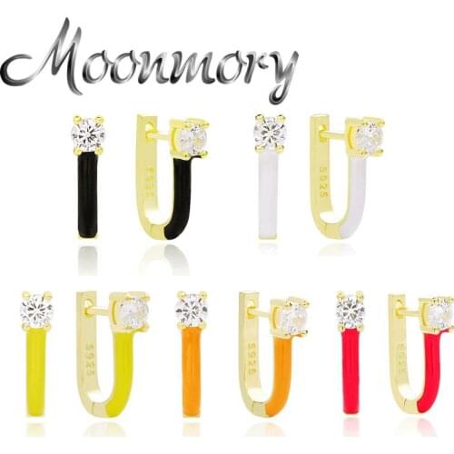 Moonmory 925 Sterling Silver Letter U Shape Zircon Hoop Huggies Earring For Women Vintage Horse Hoof CZ Round Earrings Jewelry