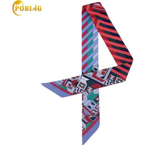 POBING 2018 Geometric Print Silk Scarf Women Luxury Brand Scarf Bag Ribbons Twill Silk Head Scarf Small Long Scarves 100*5CM