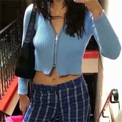 TRAF2020 Ladies Polo Collar Zipper Knit Cardigan Slim Short Long Sleeve Base Sweater Womens Jacket Streetwear