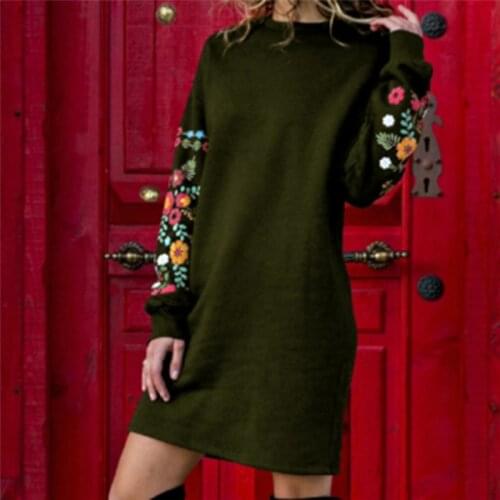 2020 AutumnWomen Fashion Mini Dress Large Size Elegant Printing Long Sleeve O-Neck Loose Warm Dress 4 Colors