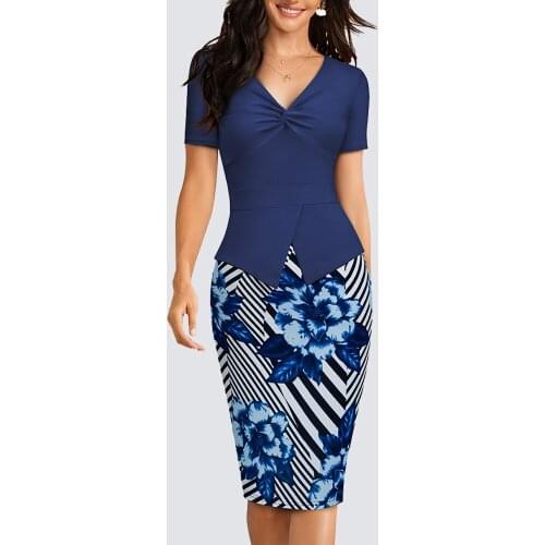 Women Wear to Work Elegant Low Cut Knotted Peplum Floral Print Lady Bodycon Office Pencil Dress HB665