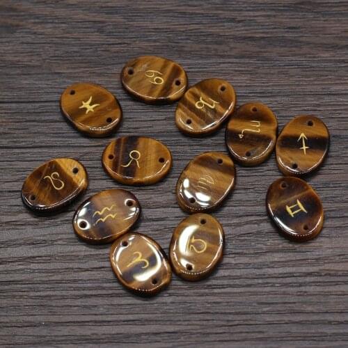 12pc Natural Stone Tiger Eye Engraved Symbols Beads Oval Reiki Heal Twelve Constellation Divination Bead for Women